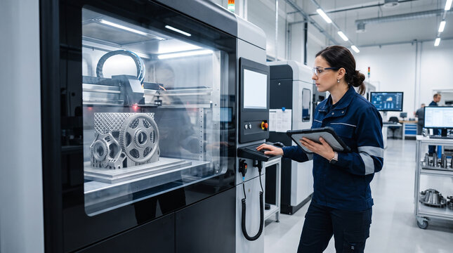 Female industrial engineer wearing safety glasses and uniform utilizing digital tablet while operating advanced metal additive manufacturing system inside modern facility