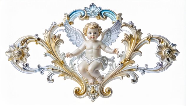 Porcelain cherub cupid in pastel gold and blue scrollwork frame isolated on white.