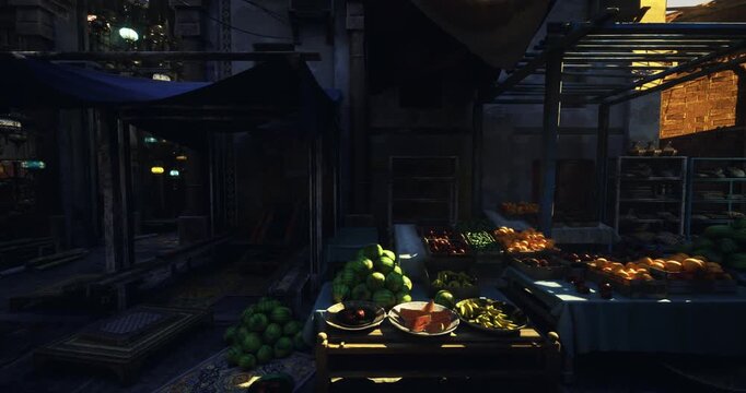 Dawn market scene, Presunrise marketplace filled with produce and tranquility, Quiet early morning market with fresh fruits in rustic surroundings