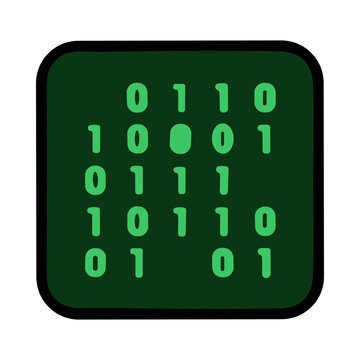 Binary code glowing on a dark green digital screen with a rounded frame, abstract technology concept
