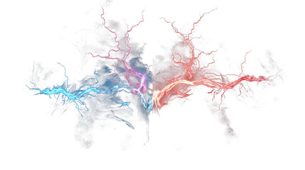 Obraz premium Mystical Red Blue Lightning Energy Clash with Electric Branches Plasma and Aura Fantasy Power Background