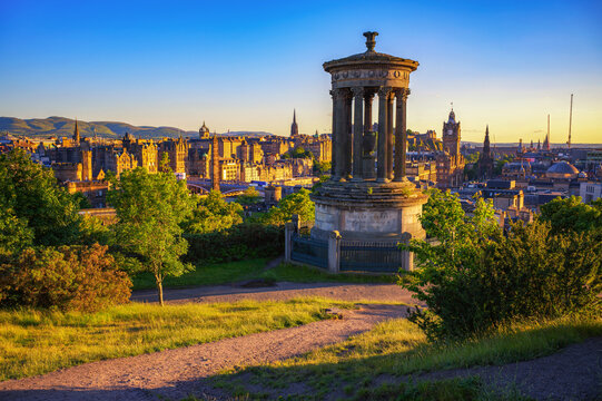 Dugald Stewart Monument at Sunset on Calton Hill in Edinburgh, Scotland