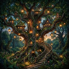 Obraz premium Whimsical Treehouse Village with Warm Lantern Lighting in Enchanted Forest