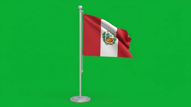 Peruvian national flag waving proudly on a flagpole against a vibrant green screen background, symbolizing national identity and pride.