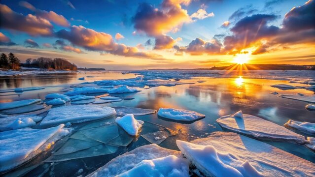 Ice floes glowing at sunset on a frozen lake