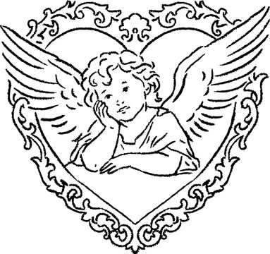 Romantic cherub angel inside ornate heart frame. Vintage black line illustration of a resting Cupid with wings for Valentine, wedding invitations and love designs. Whimsy chalk textured lines.