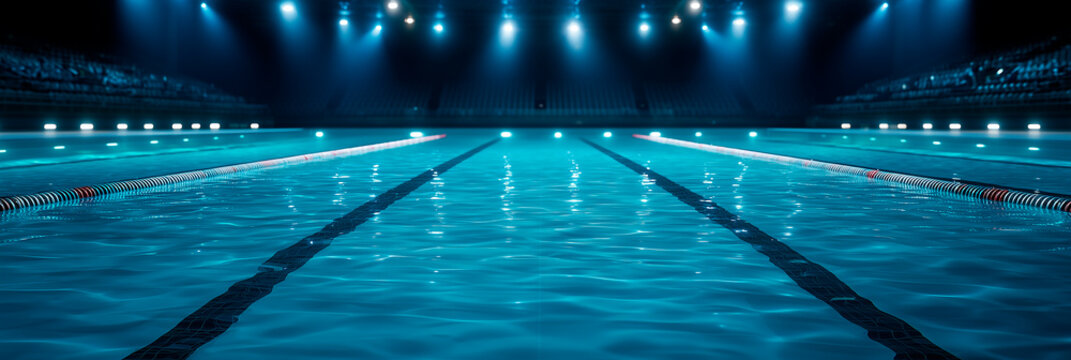 Empty Illuminated Synchronized Swimming Arena with Soft Blue Water 
