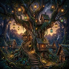 Obraz premium Whimsical Treehouse Village with Warm Lantern Lights at Dusk