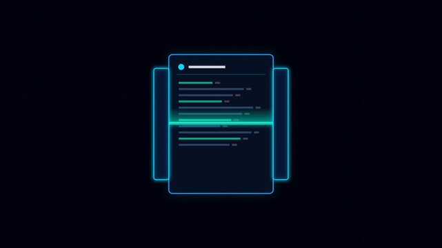 Futuristic digital document scanning icon with glowing neon lasers representing cyber data processing and secure files