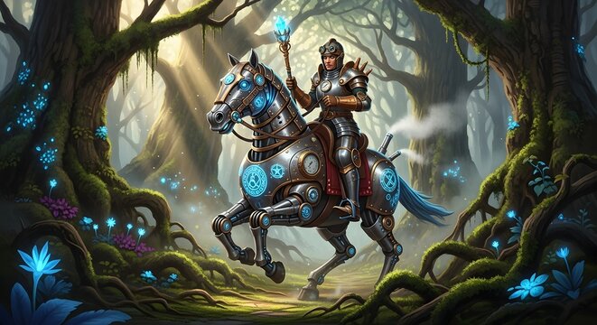 Fantasy Warrior Riding Cybernetic Steed in Enchanted Woods