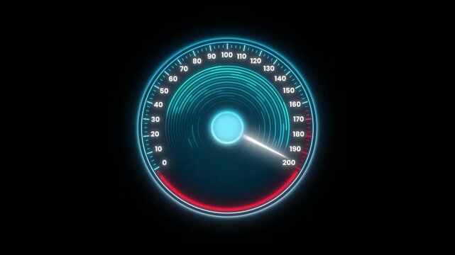 Futuristic glowing digital speedometer animation on transparent background.