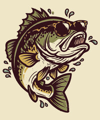 Obraz premium Cool largemouth bass fish wearing sunglasses jumping out of water in vintage hand drawn style