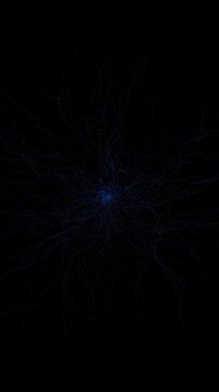 Abstract glowing blue lightning energy pulsating and radiating from a central core on a black background, representing neural pathways and electricity.
