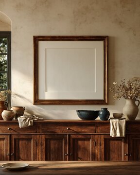 Beautiful Cozy Interior With Wooden Furniture and Framed Wall Art Mockup