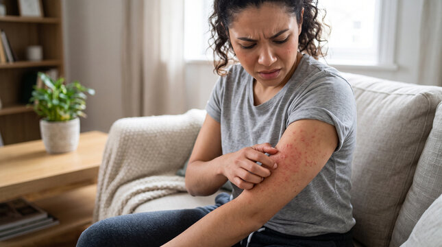 Young woman suffering from itching on her skin and scratching an itchy place. Allergic reaction to insect bites, dermatitis, food, drugs. Health care concept. Allergy rash