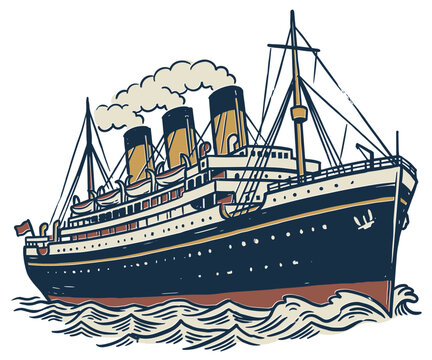 Vintage hand drawn ocean liner steamship illustration on sea waves in retro style