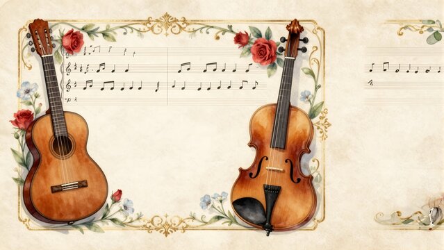 Acoustic guitar and classical wooden violin resting together on vintage parchment paper background decorated with delicate red roses and elegant 