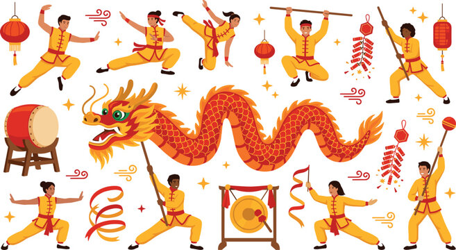 Chinese New Year Dragon Dance and Martial Arts Vector Set with Performers Kung Fu Poses Lanterns Drums Firecrackers and Gong Instruments