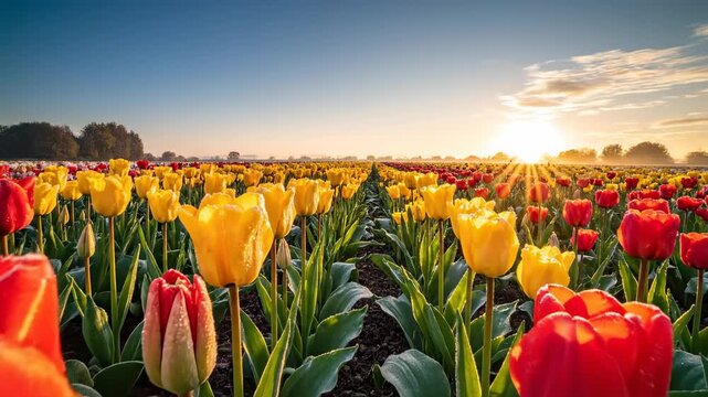 Bright tulips stand tall in a field as the sun rises in the morning sky. The flowers show red and yellow colors. Dew sits on the petals as a new day begins