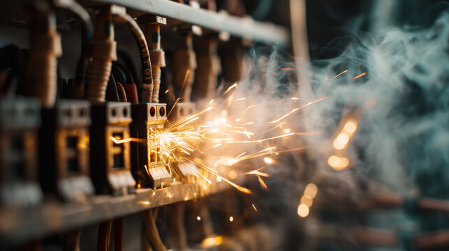 Electrical wiring and circuit components generating intense sparks and smoke, illustrating a short circuit, electrical malfunction, fire danger, industrial safety, and equipment failure.