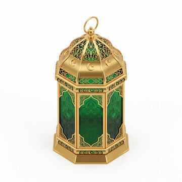 Ramadan lantern with green glass and gold metal. Traditional Arabic fanous lamp with crescent moon patterns on white background