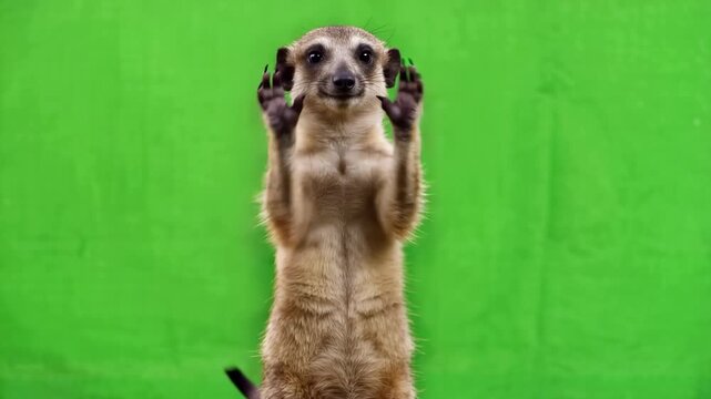 Curious meerkat standing upright against a green backdrop