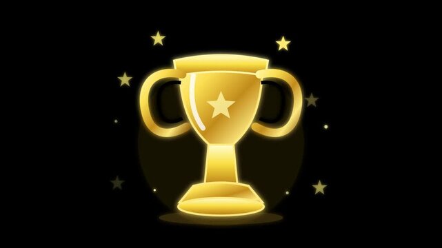 Golden trophy cup animation with glowing stars. Shiny gold prize icon with star symbol on black background. Award ceremony motion graphic clip