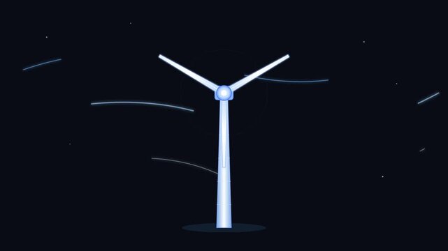 Wind turbine spinning in night sky. Sustainable energy flat vector animation with rotating blades and wind lines. Clean technology concept