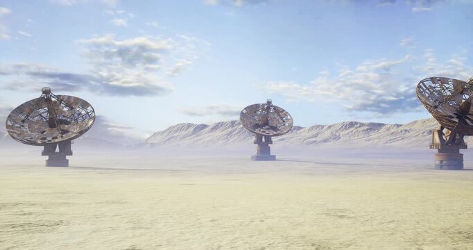 Desert radio telescope array under blue sky, three large parabolic dishes aligned across arid plain with distant mountains and wispy clouds, highprecision
