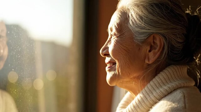 An elderly woman enjoys a sunny day at home. She smiles while looking out a window. The warm light shines on her face, creating a bright moment