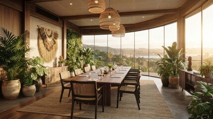 Fototapeta premium Tropical Boardroom Oasis: A spacious boardroom with panoramic windows overlooks a lush, sun-drenched landscape, featuring a long dining table adorned with place settings.