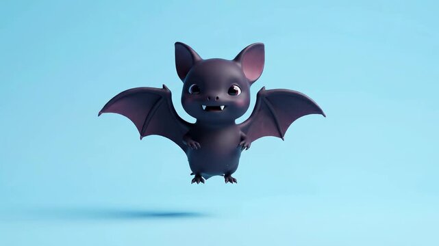 A charming 3D animated baby bat with large wings and fangs floats and flaps on a blue background.