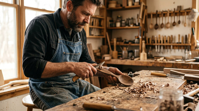 Skilled man carving wooden spoon in a rustic workshop  
