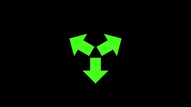 Green expanding arrows motion graphic. Three directional neon pointers moving outward on black background. Minimalist business growth video element