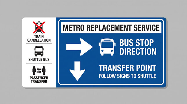 A blue and white sign for Metro Replacement Service, showing train cancellation, shuttle bus, and passenger transfer information with arrows indicating bus stop direction and transfer point.