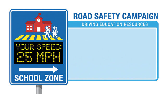 Road safety campaign sign for a school zone displaying current speed and promoting driving education resources.