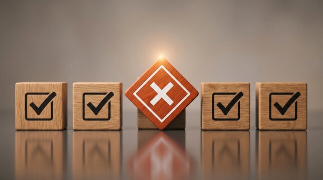 Wooden blocks featuring checkmarks aligned beside singular cube with prominent red cross symbol illustrating decision making processes or quality control assessment task.
