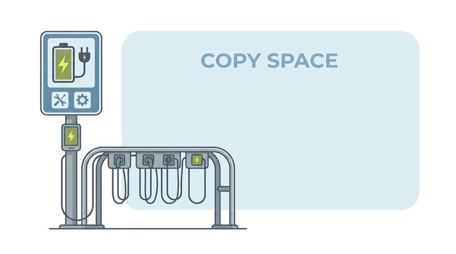 Line art illustration of an electric scooter or bike charging station with a battery icon and dedicated copy space.