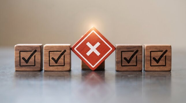 Checkmark and cross symbols on wooden blocks symbolize choice between correct option and incorrect option, highlighting decision making process.