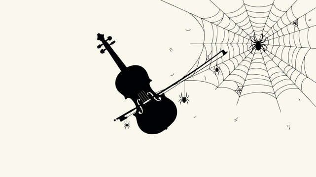 Black silhouette of a violin and bow with a large spider web and hanging spiders on a light cream background, for musical halloween theme