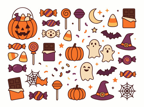 Spooky halloween flat vector elements with candy and ghosts