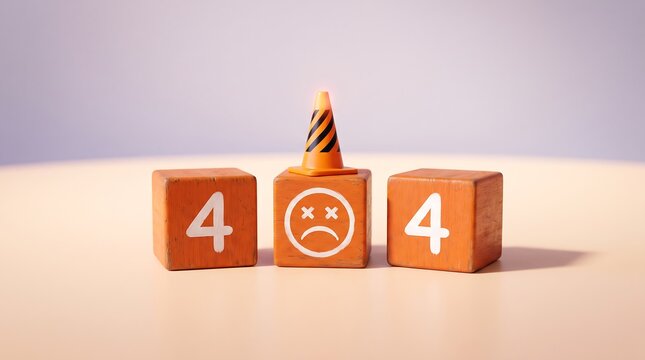 404 Error Concept with Orange Number Blocks, Warning Party Hat and Minimalist Web Error Message Symbol on Clean Background, Digital Technology and Internet Troubleshooting