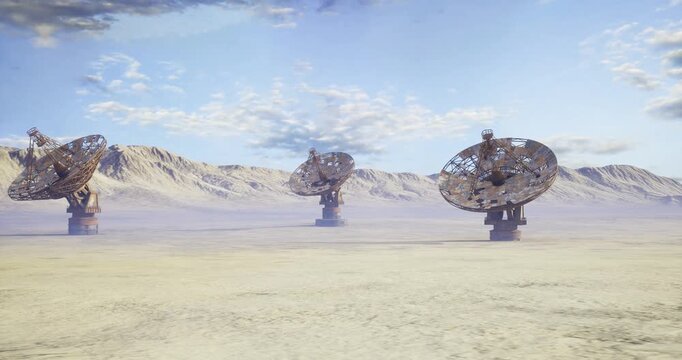 surveillance dishes line barren desert plain, repetitive silhouettes under pale sky create watchful mood, implied security and remote detection systems scanning