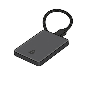 Isometric illustration of a dark gray external hard drive with a lock icon and braided cable.