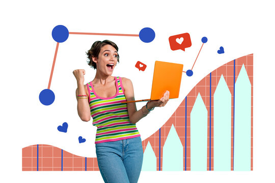 Creative collage picture young girl celebrate success triumph winner yes laptop computer blogger social media feedback popularity