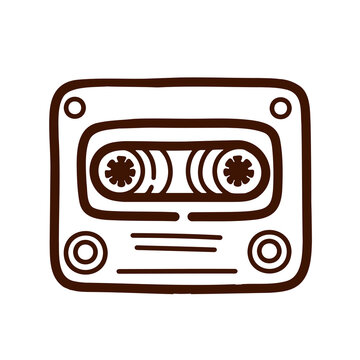 Retro audio cassette line art vector featuring magnetic tape reels inside a classic plastic shell with a nostalgic analog recording aesthetic