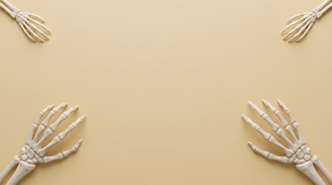 Top view of four realistic skeleton hands arranged on a plain beige background for a creative halloween celebration