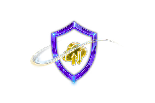 Isolated 3D Cloud Security Icon: Purple Shield Protecting Golden Cloud with Data Transfer Arrows on Transparent Background