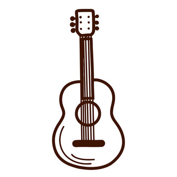 Classic acoustic guitar line art vector featuring detailed strings, fretboard, sound hole, bridge and traditional wooden body