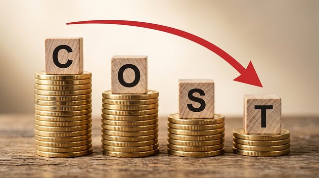 Decreasing stacks of gold coins with the word cost and a red downward arrow reduction decrease business financial investment spending currency analysis earnings